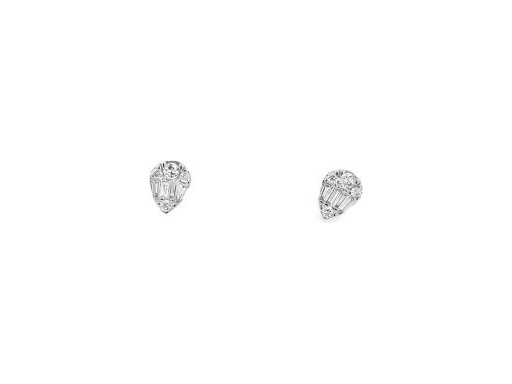 Platinum 900 Teardrop Stud Earrings with Natural Baguette and Round-Cut Diamonds